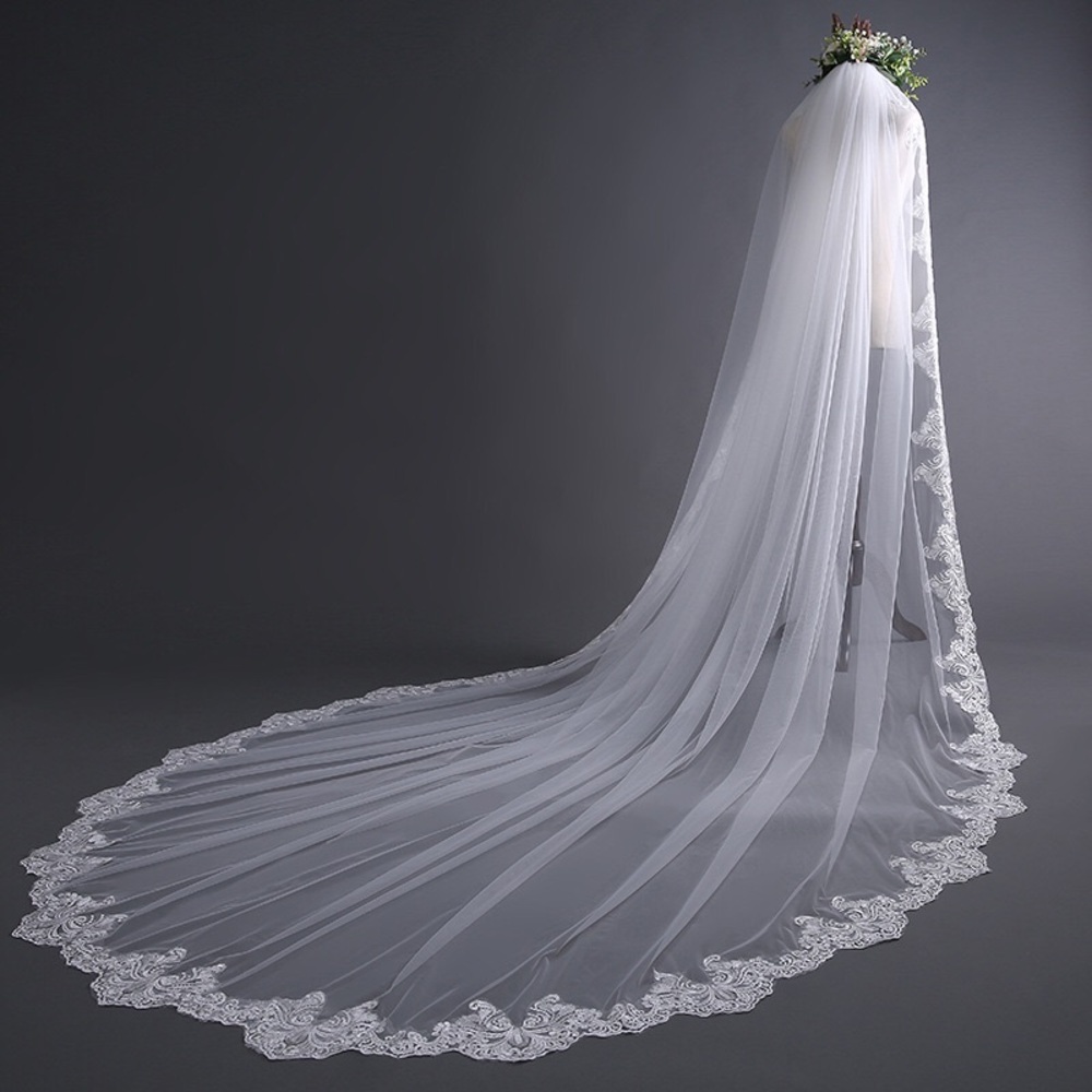 Long Lace-Edged Bridal Veil in White